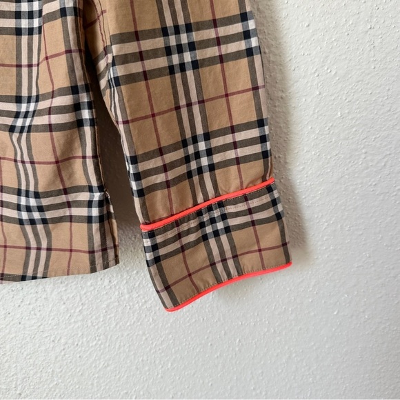 Burberry Tan Plaid Button-Up Shirt with Pink Trim Detail - Picture 4 of 13